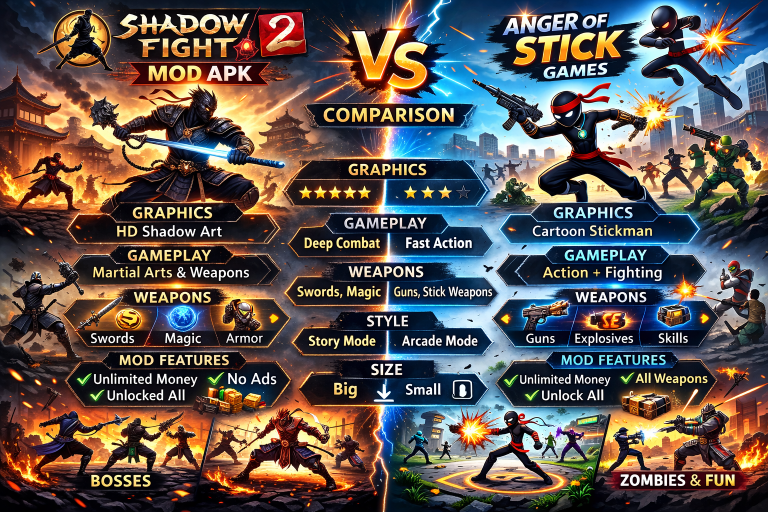 shadow fight 2 mod apk vs anger of stick comparsion